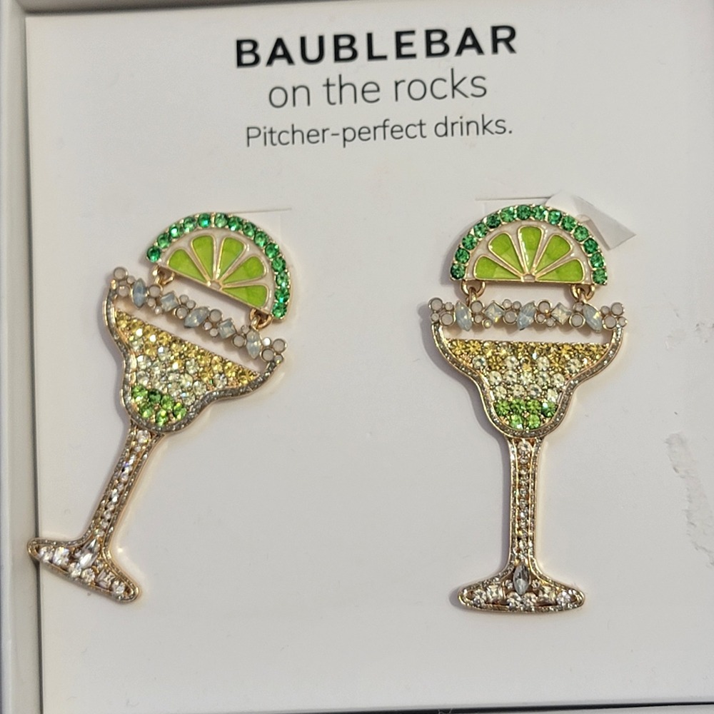 BaubleBar On The Rocks Margarita Cocktail Earrings Green Yellow Gold Tone Boxed